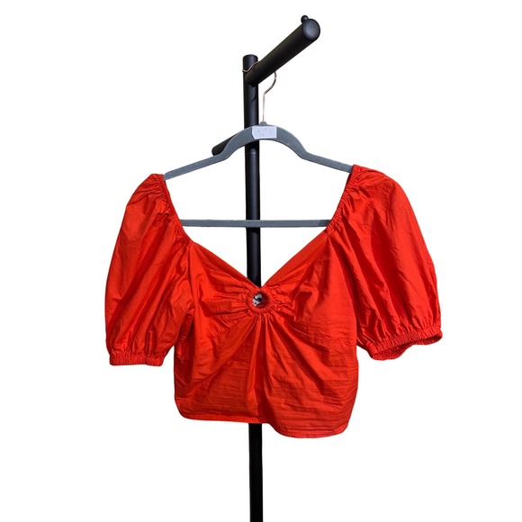 Sim & Sam Tops - Sim & Sam Orange Red Puff Sleeve Ring Detail Smocked Back Crop Top Medium